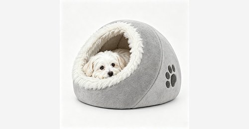 Custom Covered Cat & Dog Bed | OEM & ODM Light Grey Plush Cave Bed with Paw Print - Model MJ-PET003 | Mingjin Zitzak China
